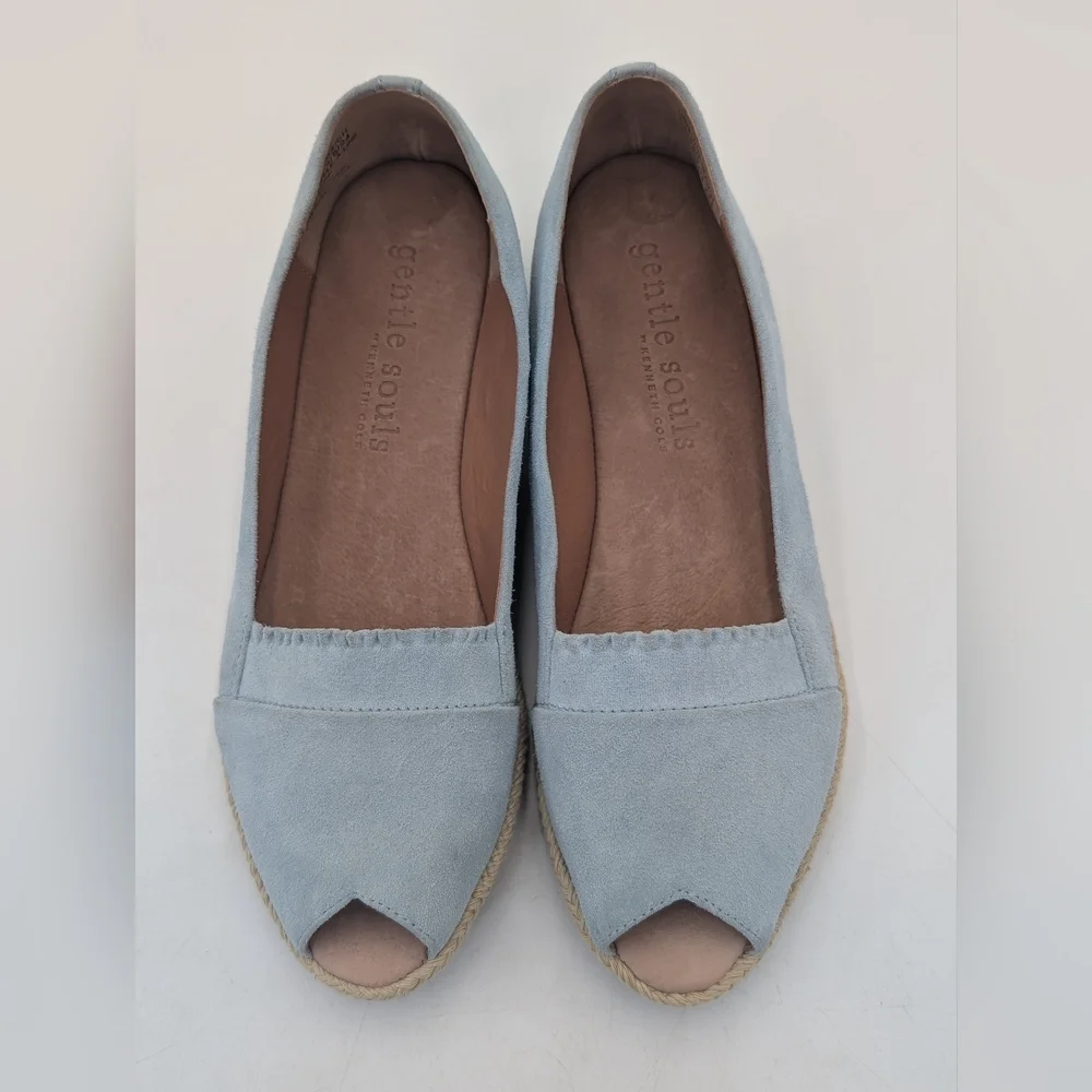 Gentle Souls Lissa Ruffle Sz 7.5 Light Blue Suede Peep-Toe Espadrille Wedges